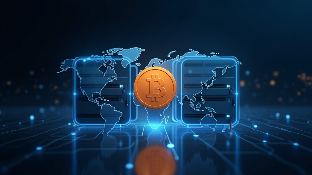 Encabezado fotorrealista: logotipo de Bitcoin con una red de pagos translúcida y bóvedas, que ilustra mayorista frente a minorista.