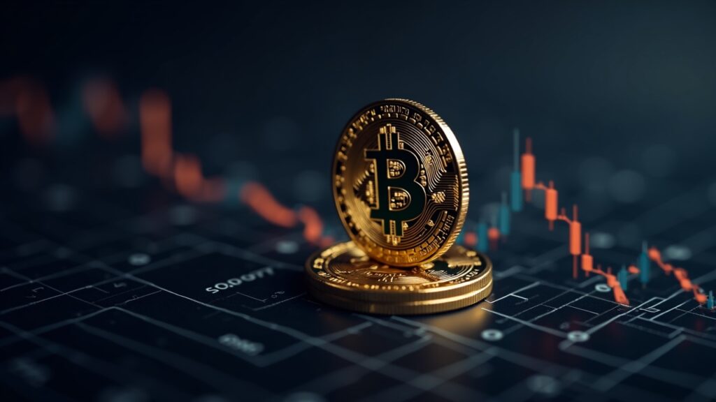 Moneda Bitcoin fotorrealista en el centro con líneas de tendencia divididas y un fondo de circuitos que indica incertidumbre en el suministro de los titulares.