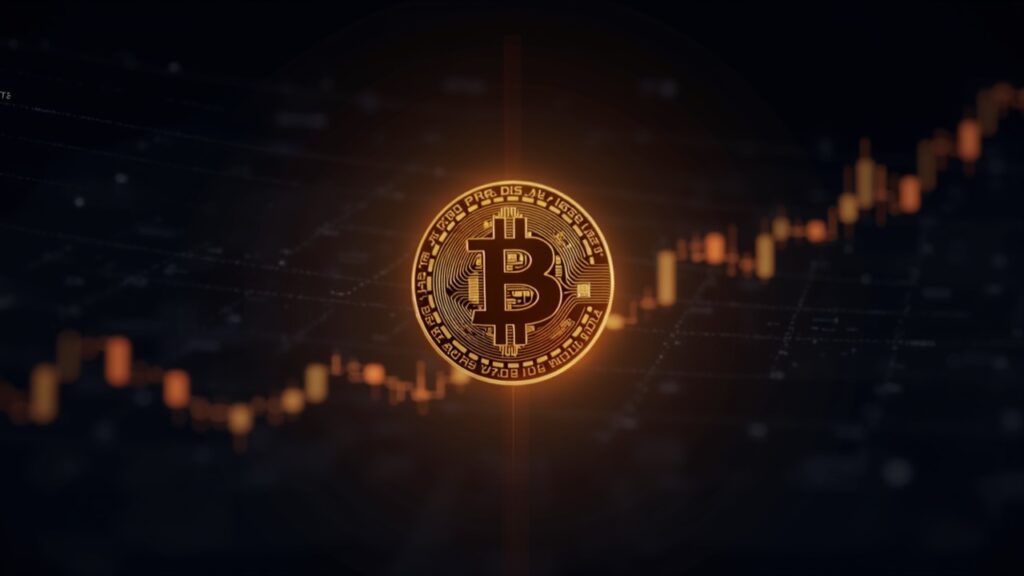 Moneda Bitcoin fotorrealista centrada con una cuadrícula de red Metcalfe luminiscente y una gráfica de precio ascendente hacia 2026.