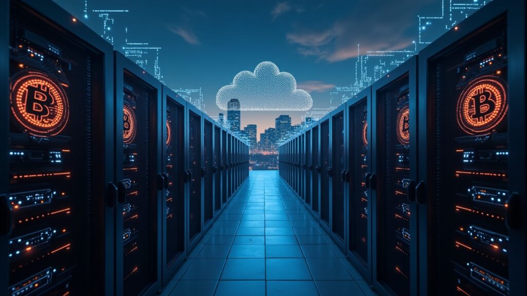 Granja de minería de bitcoin fotorrealista con filas de rigs ASIC, una superposición brillante de nube de IA y un skyline moderno en el fondo.