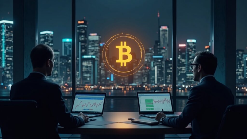 Escena de sala de prensa con el emblema de Bitcoin, estudio de alta tecnología y compradores institucionales pujando en un libro de órdenes digital por encima de 85k.