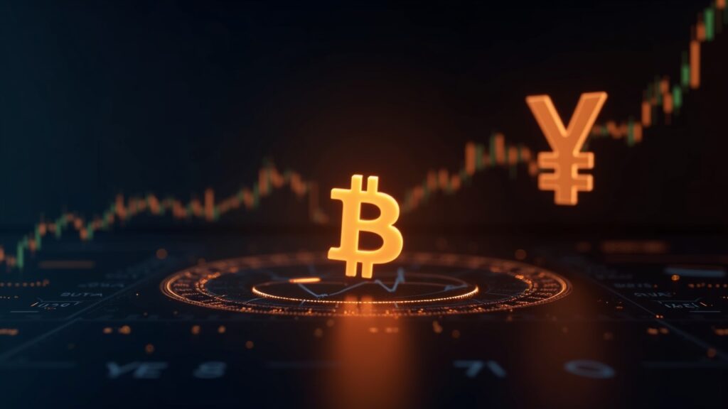 Logotipo de Bitcoin ascendiendo sobre un tablero luminoso, con una tenue silueta del Bank of Japan y un símbolo del yen debilitándose.