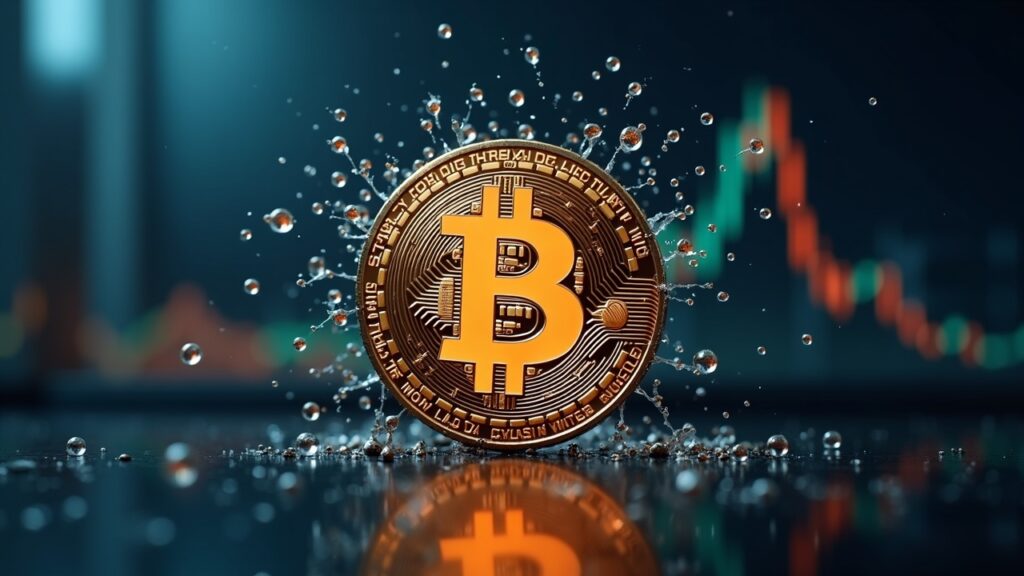 Fotorealista Bitcoin rompiendo vidrio con gráficos y sutiles logotipos de tesorerías en una escena de redacción que señala estrés del mercado.