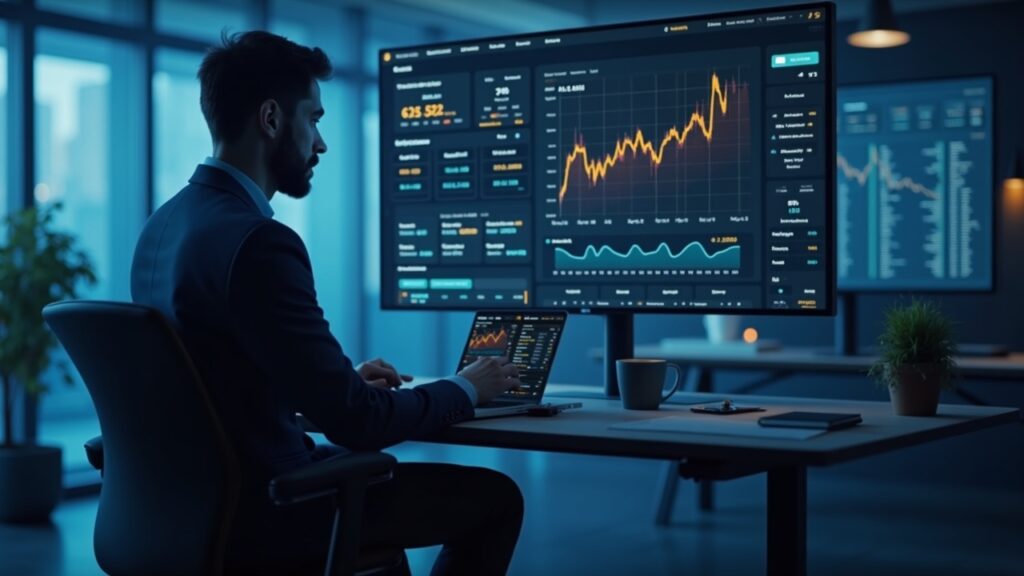 Ejecutivo fotorrealista en un escritorio de trading revisando un panel de tesorería de BitMine ETH con saldo en aumento y gráficos.