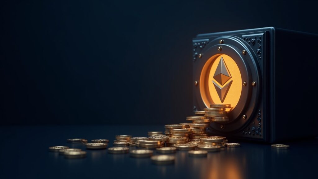 Encabezado fotorrealista: bóveda de tesorería corporativa con un emblema de Ethereum brillante y tokens fluyendo hacia un libro mayor seguro.