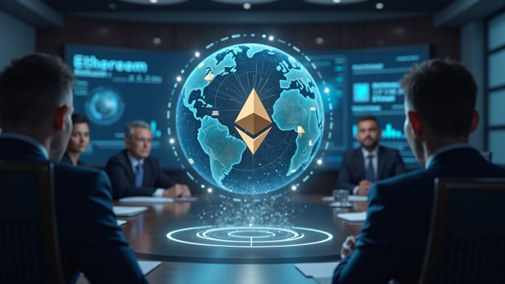 Escena fotorrealista de una sala de juntas con un ejecutivo, globo holográfico de Ethereum en 3.97M ETH y un balance digital.