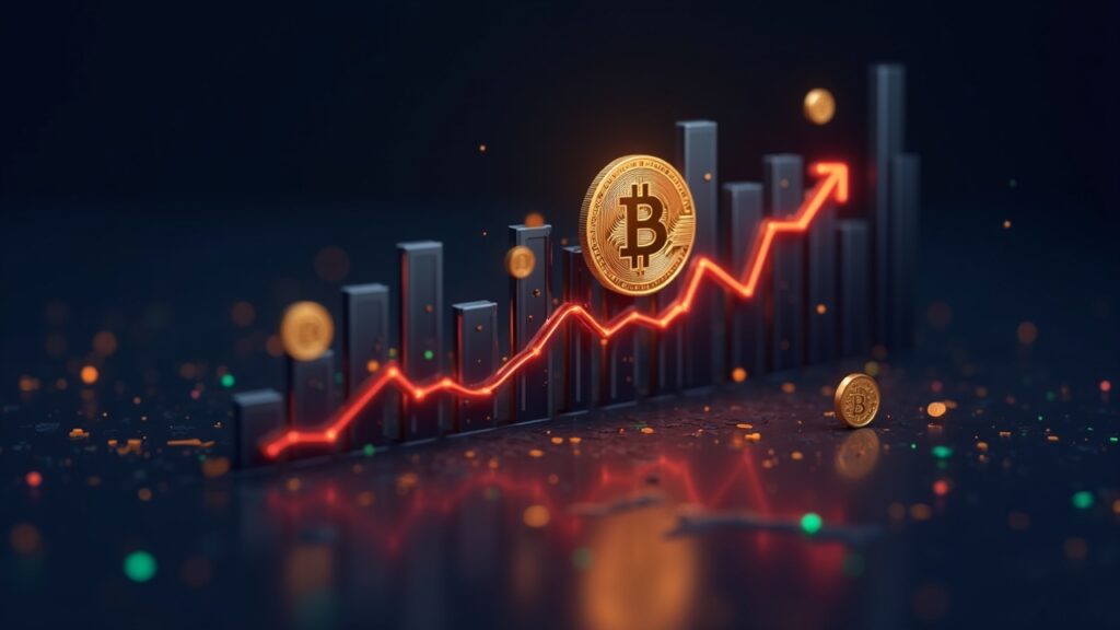 BNB supera los $870 mientras el volumen se dispara Moneda BNB fotorrealista salta junto a un tablero de negociación brillante con barras de volumen destacadas e iconos de memecoins.