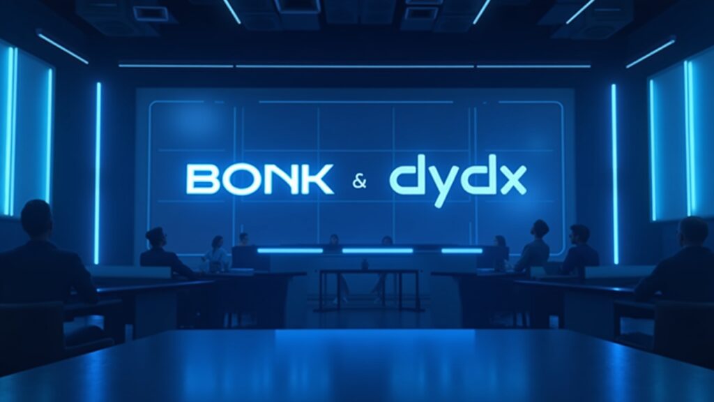 BONK cae mientras se acerca la votación de gobernanza de dYdX Sala de redacción cripto fotorrealista con los logotipos de BONK y dYdX junto a un tablero de votación de gobernanza y un concepto de reparto de tarifas