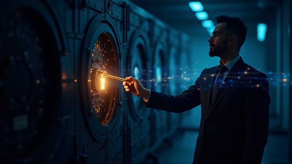 La SEC de EE. UU. aclara la custodia cripto para broker‑dealers Escena fotorrealista de una bóveda con llaves privadas, superposición de blockchain y la silueta de un regulador que simboliza la supervisión de la custodia cripto.