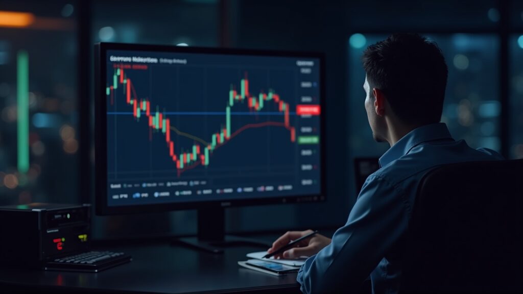 Redacción cripto fotorrealista con gráfico de precios de BTC que muestra MACD bajista, resistencias clave y un analista evaluando puntos para vender.