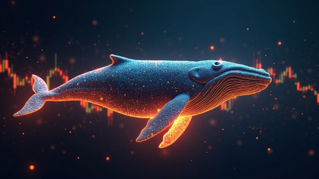 Silueta fotorrealista de una ballena formada por líneas de circuito sobre un gráfico de precios de Bitcoin resplandeciente, que muestra la resistencia de 92k.