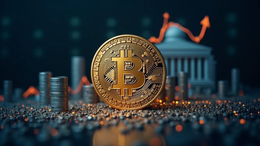 Bitcoin fotorrealista centrado con barras de liquidez ascendentes y un edificio de la Fed disolviéndose en una blockchain.