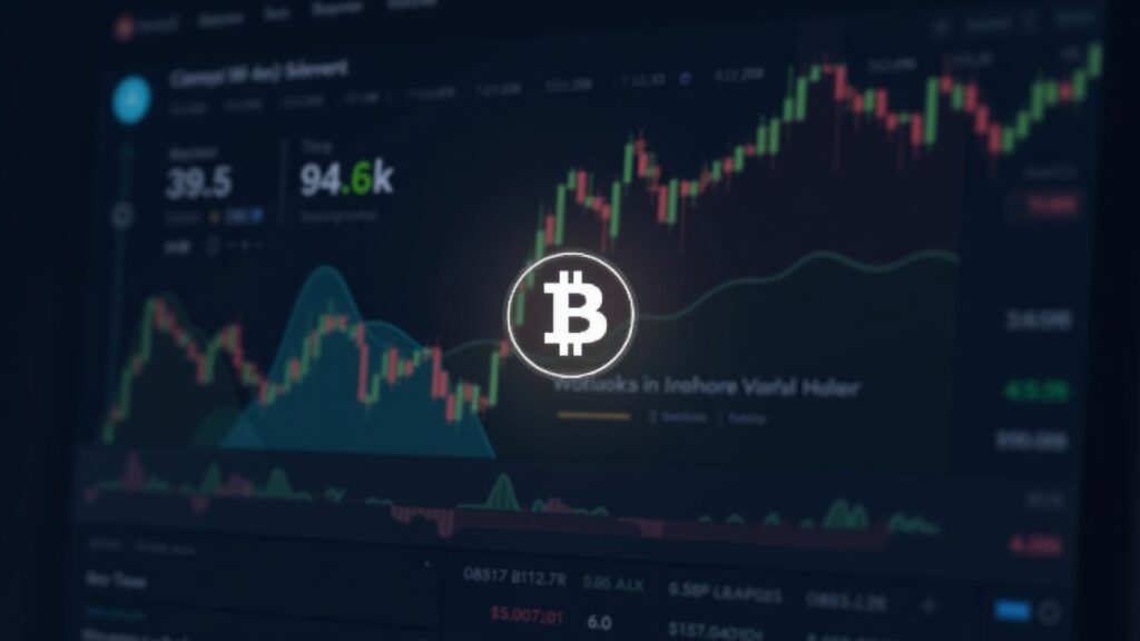 Símbolo BTC centrado sobre un gráfico de precios que muestra una cuña ascendente y niveles clave de 89k a 94.6k.