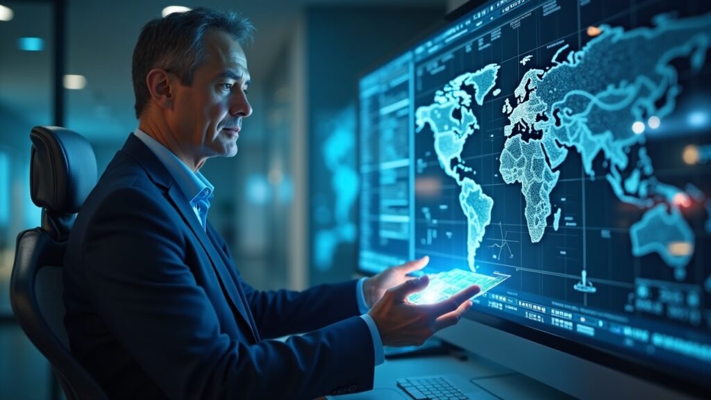 Un inversor institucional sénior revisa los dividendos en cadena en una pantalla holográfica con un mapa de red multicadena.