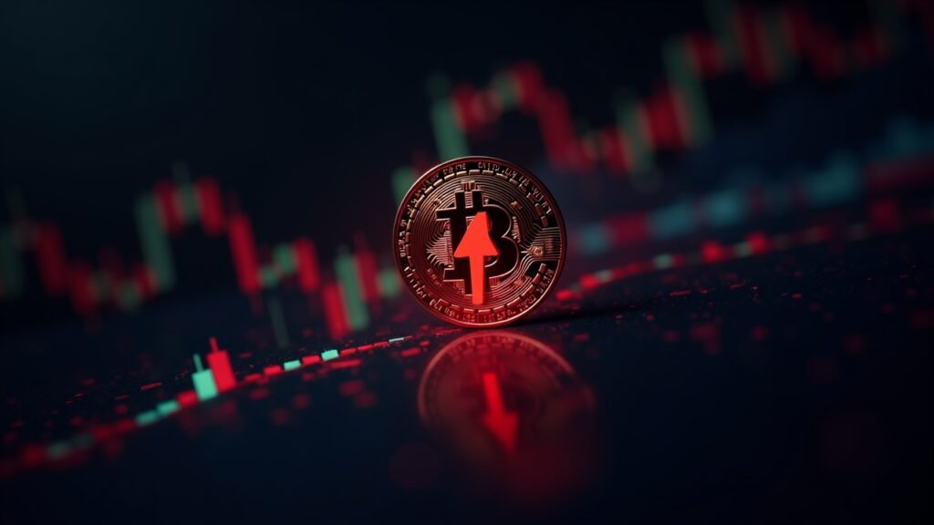 Bitcoin cae por debajo de los 90.000 dólares Moneda Bitcoin realista con una flecha roja hacia abajo sobre un panel de mercado oscuro que muestra cotizaciones de Nasdaq y cripto con un resplandor de IA.