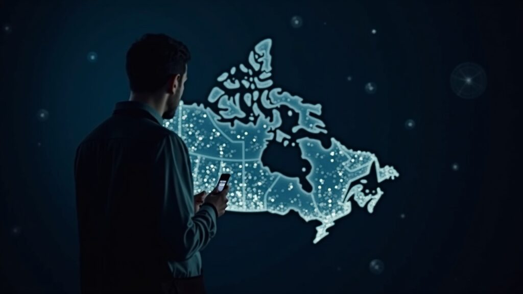 Investigador cripto fotorrealista analiza datos resplandecientes de transacciones de NFT sobre un mapa con forma de Canadá con nodos de blockchain.