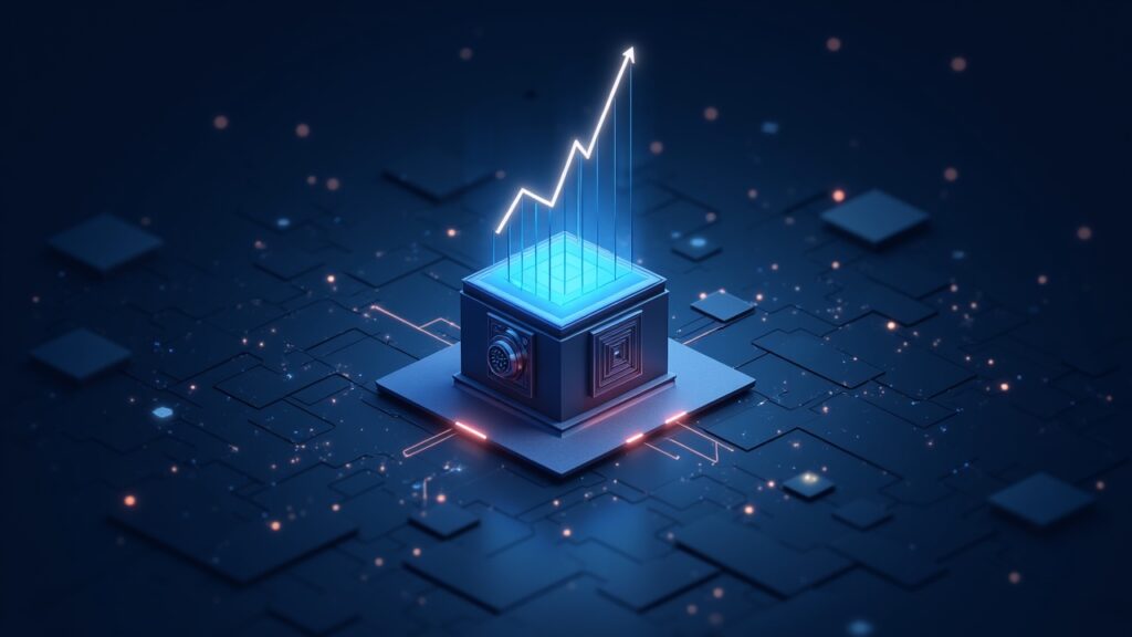 Imagen fotorrealista centrada de un hub de Canton Network, gráfico en alza, bóveda segura y resplandor de blockchain.