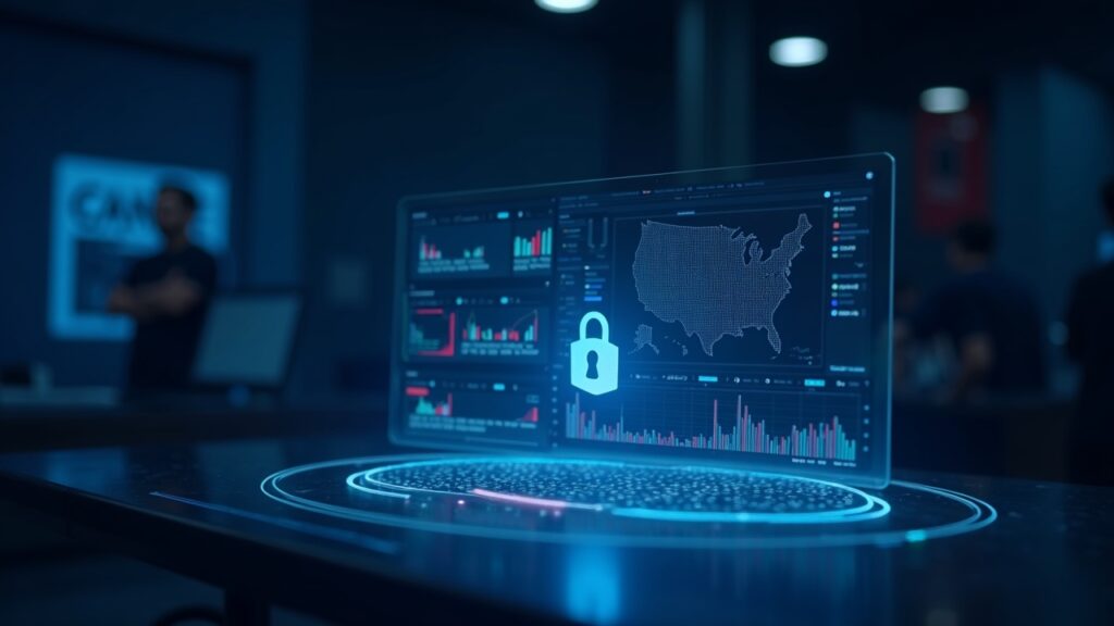 Escritorio de trading futurista con Treasuries holográficas en Canton Network, logotipos de DTCC que señalan adopción institucional.
