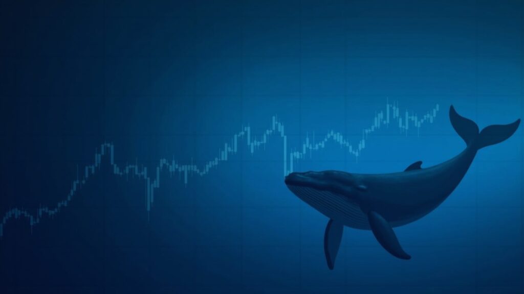 Banner al estilo de una sala de prensa que muestra el logotipo de Cardano, la silueta de una ballena y un gráfico de cuña descendente con divergencia del RSI en tonos azules.