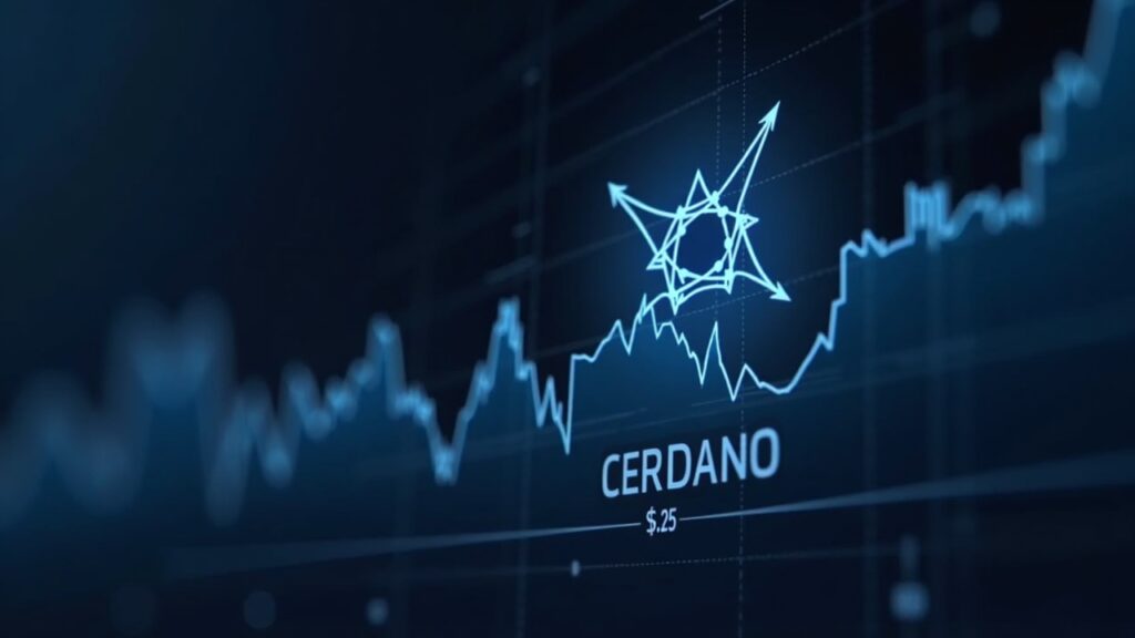 Advertencia sobre el precio de Cardano tras rupturas consecutivas: $0.25 en foco Logotipo de Cardano sobre un gráfico de precios pronunciado en tendencia hacia $0.25, en un ambiente fotorrealista de sala de redacción cripto moderna.
