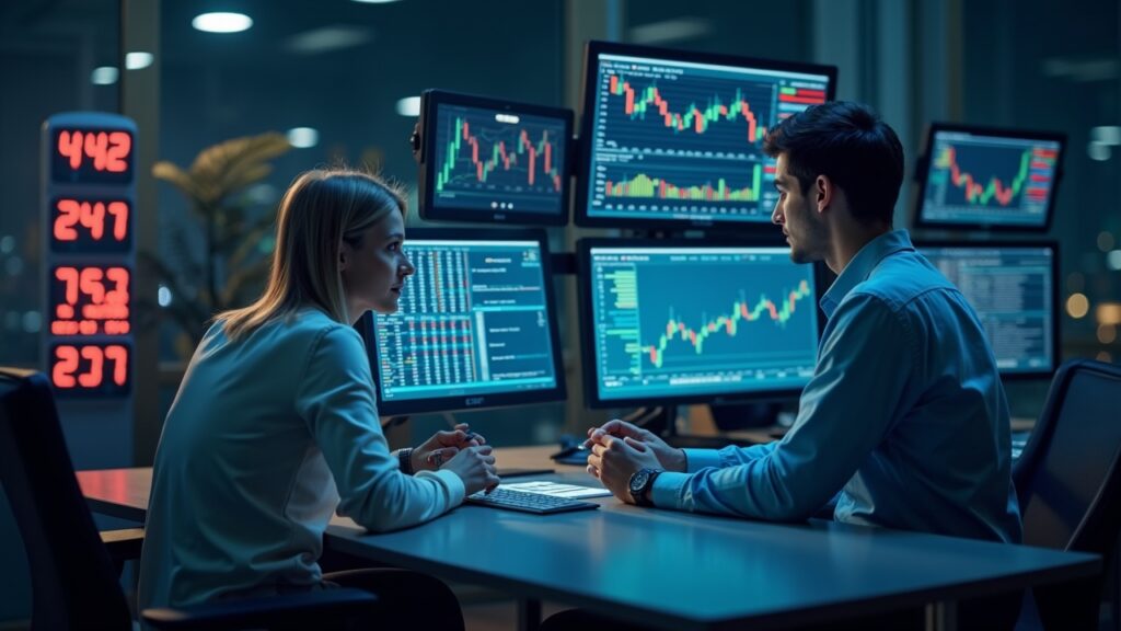 Cascade lanza una neo-correduría 24/7 con contratos perpetuos sobre criptomonedas y acciones de EE. UU. Operador fotorrealista en un escritorio elegante con tickers holográficos de cripto y acciones de EE. UU., un reloj 24/7 y fiat fluyendo.