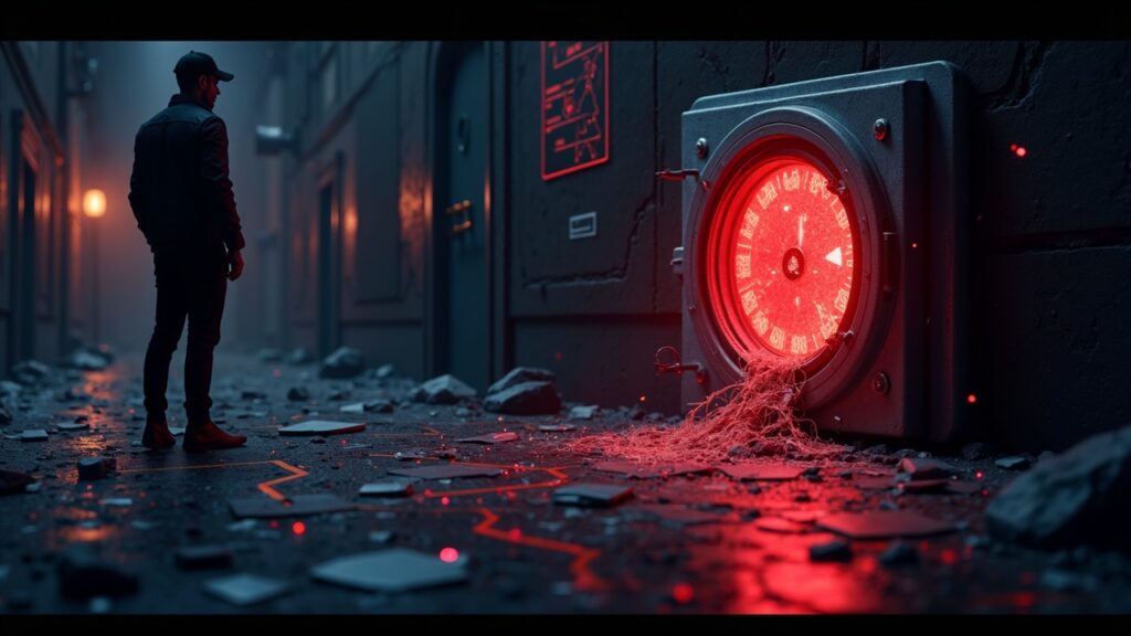 Pérdidas en criptomonedas por hackeos alcanzan los 3.400 millones en 2025 Encabezado fotorrealista de sala de prensa: bóveda cripto hecha añicos, billeteras, silueta de cazador sobre una cadena de bloques global con alarmas.