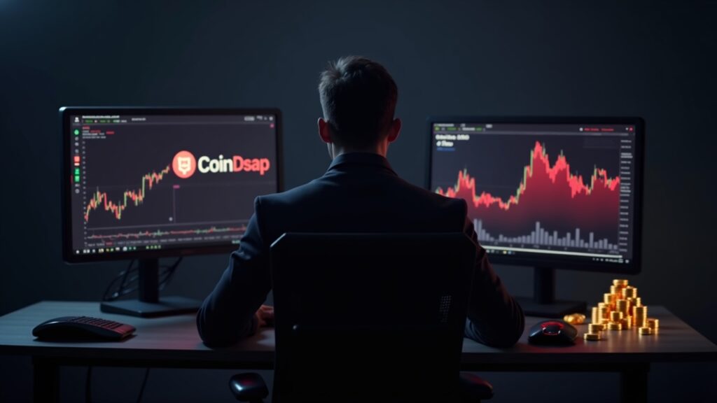 La capitulación de los mineros de Bitcoin y la caída de la tasa de hash podría estar marcando un fondo de mercado Operador fotorrealista en un escritorio limpio con dos monitores que muestran un gráfico rojo del CoinDesk 20 y el logotipo de Uniswap.