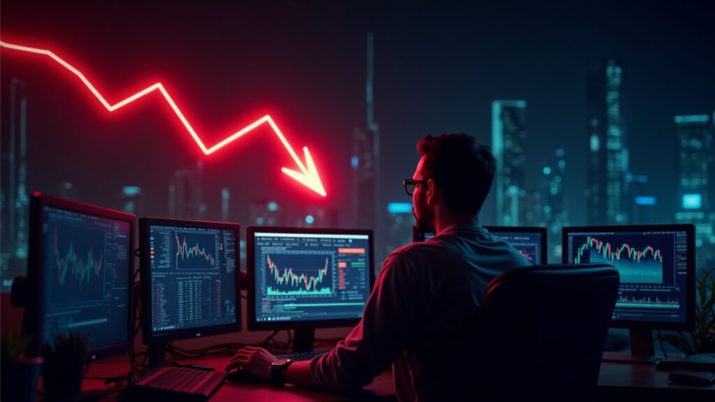 PUMP se desploma a mínimo de 5 meses con caída del 33% semanal Una flecha roja hacia abajo señala la caída del precio mientras un operador angustiado observa pantallas cripto de neón contra un oscuro telón de fondo de cadena de bloques.