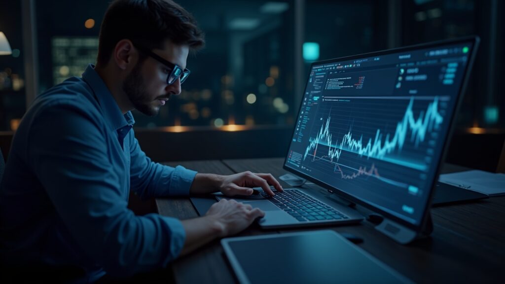 ARK Invest invierte 25,4 millones de dólares en Coinbase y otras acciones de cripto Escena fotorrealista de escritorio con un analista viendo un panel luminoso para COIN, BLSH y BMNR.