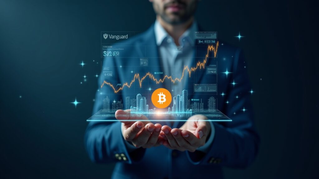 Escena fotorealista de tesorería que muestra un gráfico holográfico de Bitcoin, un ticker de ETF de Vanguard y la interfaz de Predictions de Trust Wallet.
