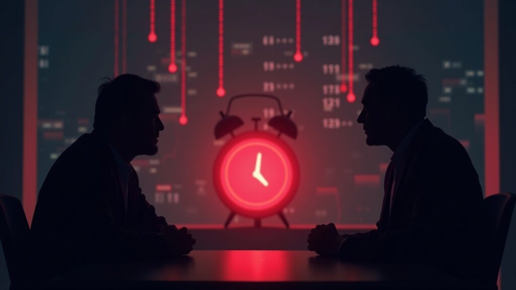 Escena fotorrealista de una sala de redacción: dos siluetas de exchanges de criptomonedas afrontan un reloj que hace tic-tac y una alerta roja, simbolizando tiempos de respuesta disputados ante un hackeo.