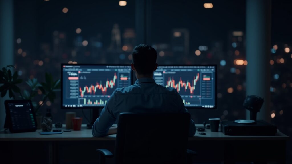 Bitcoin y Ethereum tambalean mientras EE. UU. reporta la tasa de desempleo más alta desde 2021 Escritorio de trading cripto fotorrealista con gráficos de BTC/ETH, datos de desempleo en los monitores y un operador concentrado en medio de la incertidumbre