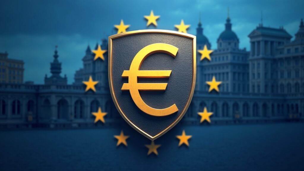 Escudo euro fotorrealista con un techo de 3.000–4.000, icono de pagos sin conexión y fondo del EU Parliament.