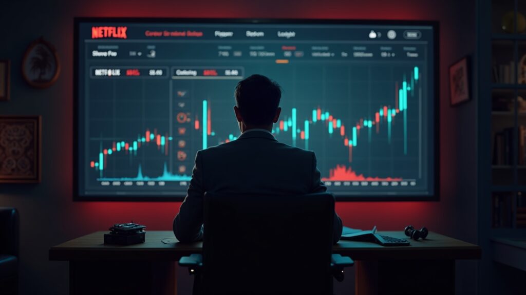 Director fotorrealista sentado en un escritorio con Netflix en la pantalla y gráficos de criptomonedas, ilustrando la financiación cinematográfica de alto riesgo.