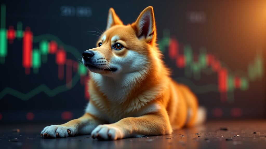 Gráfico criptográfico estilo sala de prensa dividido, Dogecoin por debajo de $0.13 con volumen de derivados en aumento y un audaz fondo temático de descentralización.