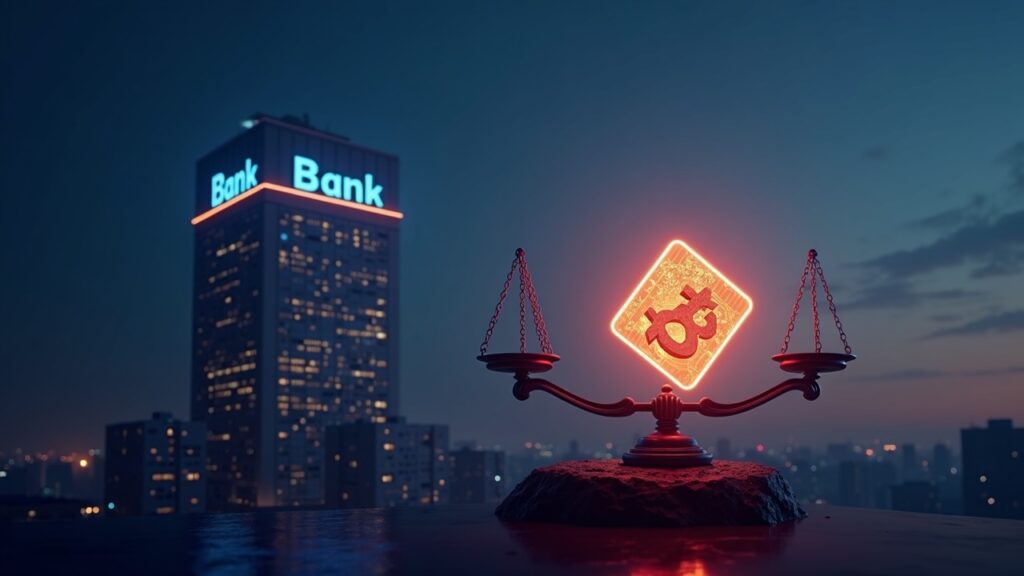 Bancos de EE. UU. advierten que las cartas bancarias cripto de la OCC podrían debilitar el sistema bancario Torre bancaria bañada en un resplandor neón de cadena de bloques con una balanza de la justicia inclinada y un cubo cripto resplandeciente entre siluetas de reguladores.