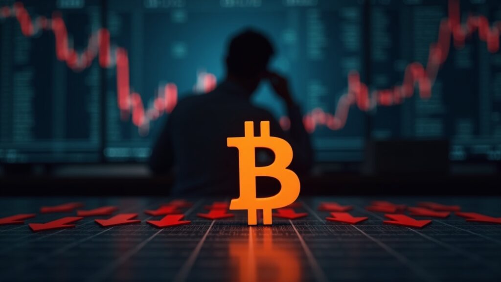 Símbolo de Bitcoin fotorrealista en primer plano con flechas rojas drenando un libro de órdenes de ETF; comerciante en silueta en una sala de redacción oscura.