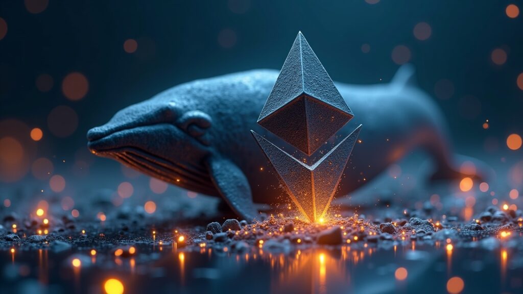 Estatua fotorrealista de una ballena de Ethereum sobre un gráfico de precios brillante acercándose a $4,000.