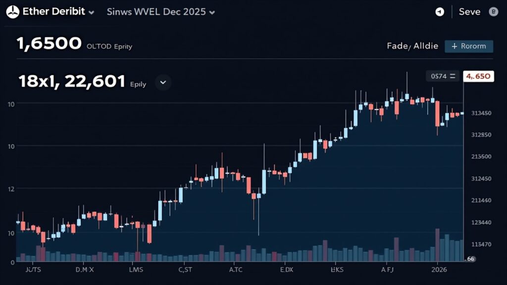 Panel hiperrealista de opciones de Ether en el strike 6500, con vencimiento en dic. de 2025, que muestra interés abierto e indicadores de sesgo.