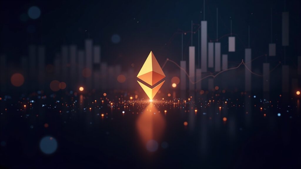 Ethereum Apunta a 5.000 Dólares tras Tocar Soporte Clave de Precio Realizado Acercamiento hiperrealista de un logo de Ethereum que brilla con gráficos en alza sobre un skyline, insinuando un movimiento hacia los $5K en medio de la regulación.