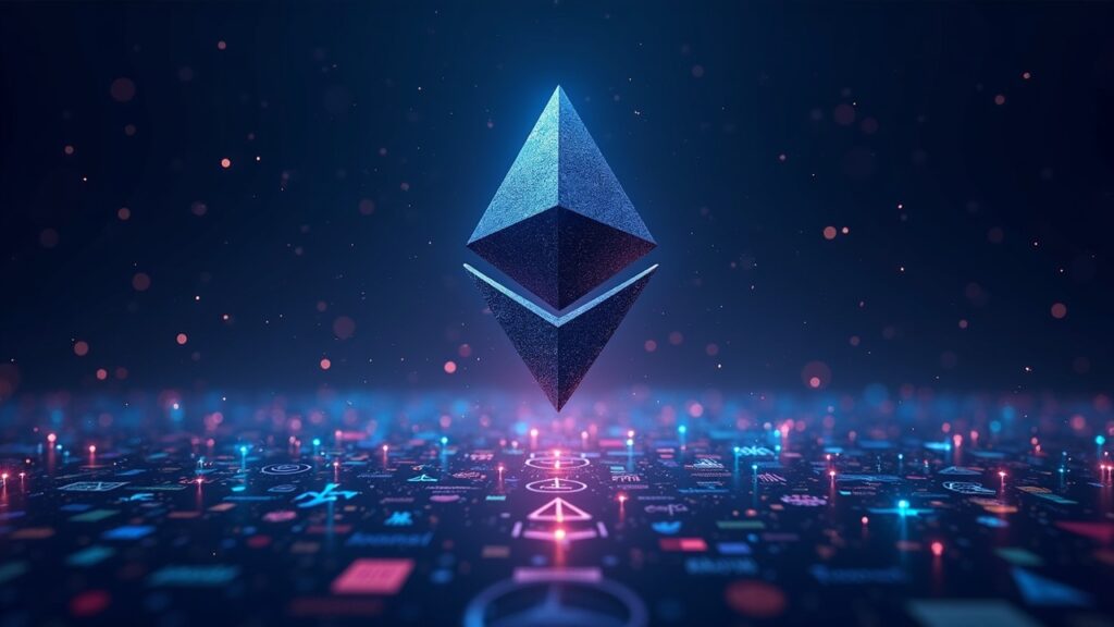 Símbolo fotorealista de Ethereum con una ballena gigante sobre logotipos corporativos y gráficos neón que muestran desarme vs acumulación.