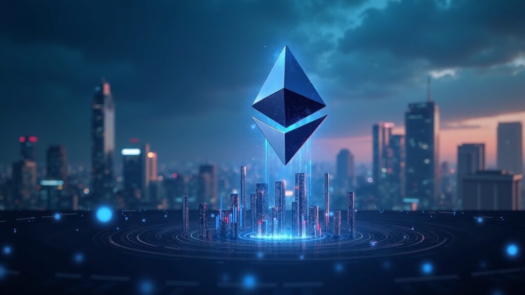 Ethereum Supera 3.300 Dólares y Apunta a un Histórico Aumento del 100% Logotipo fotorrealista de Ethereum elevándose sobre un paisaje urbano futurista, con un panel de mercado holográfico y flujos de datos en cadena.