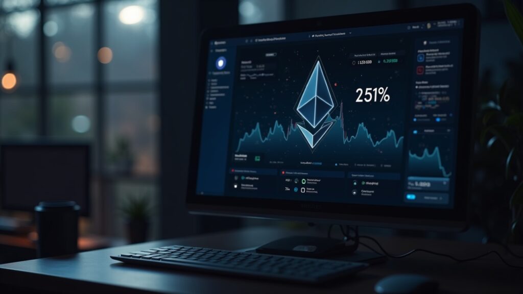 Estación de trabajo fotorrealista de un validador de Ethereum con un panel que muestra una caída del 25%, la actualización Fusaka y un bug de Prysm que se acerca a la pérdida de finalización.