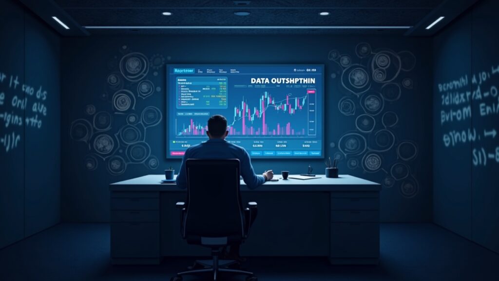 Redacción cripto realista: operador en el escritorio, tablero de precios de Ethereum congelado en niveles inciertos, resplandor por la interrupción de datos.