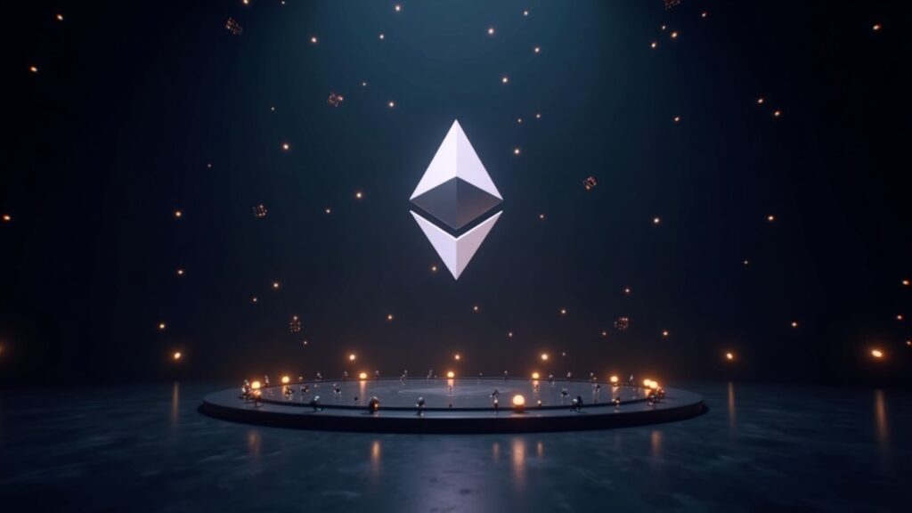 Logo de Ethereum fotorrealista en el centro con iconos de contratos inteligentes fluyendo y nodos de Capa 2 brillantes en un estilo de sala de noticias.
