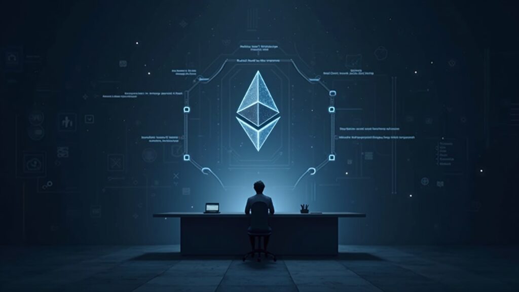 Vitalik Buterin impulsa un protocolo simplificado de Ethereum para garantizar una transparencia total Encabezado fotorrealista: un validador en solitario en un escritorio limpio, un esquema brillante de Ethereum encima, capas modulares que se alejan.
