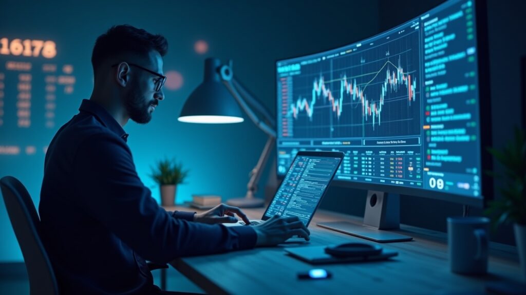 ETHGas recauda $12M para futuros de espacio de bloques de Ethereum mientras Buterin impulsa el debate Encabezado fotorrealista: un operador en un escritorio elegante analiza gráficos de futuros del gas de Ethereum con iconos brillantes de espacio de bloques.