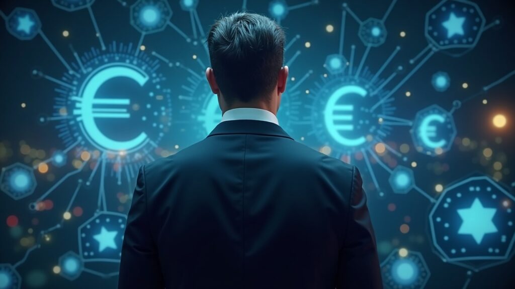 Banquero europeo fotorrealista con traje, símbolos holográficos del euro y nodos de blockchain que indican una infraestructura respaldada por el euro.