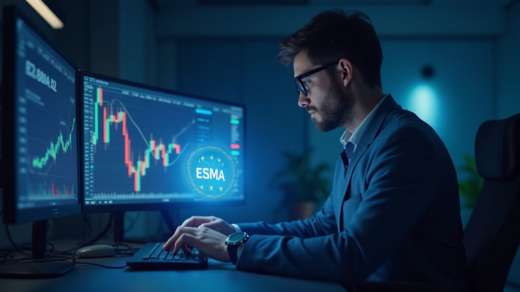 Profesional financiero fotorrealista en un terminal de negociación con un gráfico cripto holográfico y una sutil bandera de EU, insignia de ESMA.