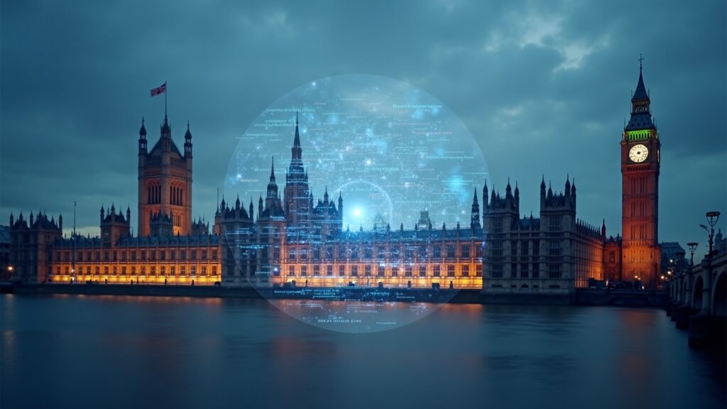 La FCA inicia consulta sobre el primer marco normativo cripto integral del Reino Unido Fachada fotorrealista del Parlamento del Reino Unido con una superposición translúcida de cadena de bloques y documentos regulatorios que simbolizan el lanzamiento del reglamento cripto